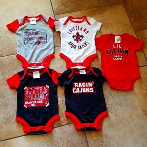 Five Louisiana Ragin Cajuns - Boys or Girls 0 to 3 month onesies. NEW wo Tags